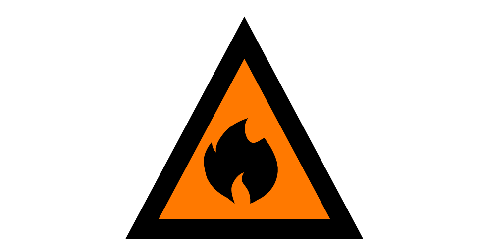 An orange triangle with a black border and black fire icon in the center. 