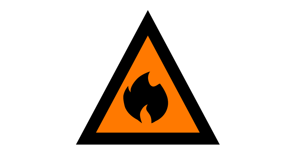 An orange triangle with a black border and black fire icon in the center.