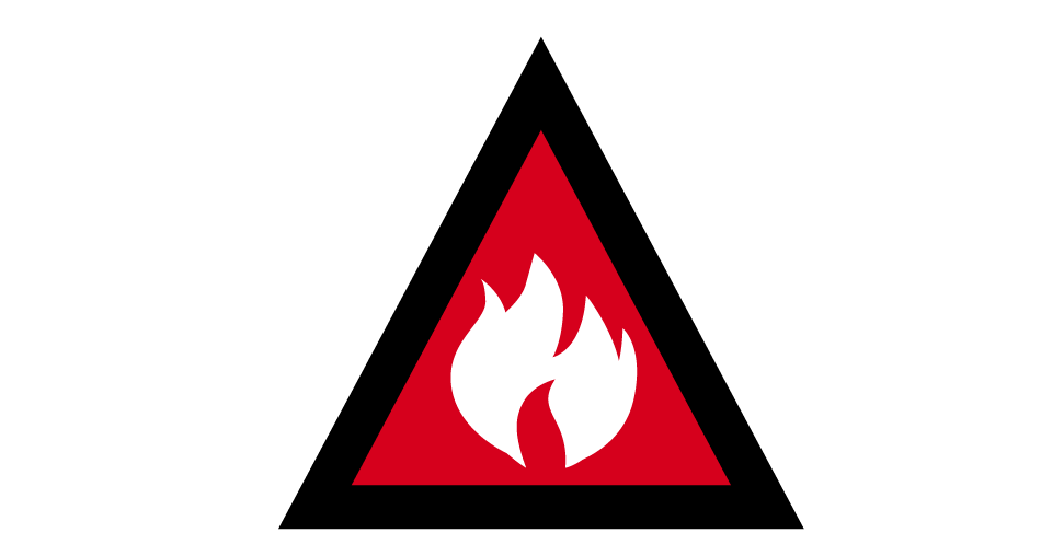 A red triangle with a black border and white fire icon in the center.