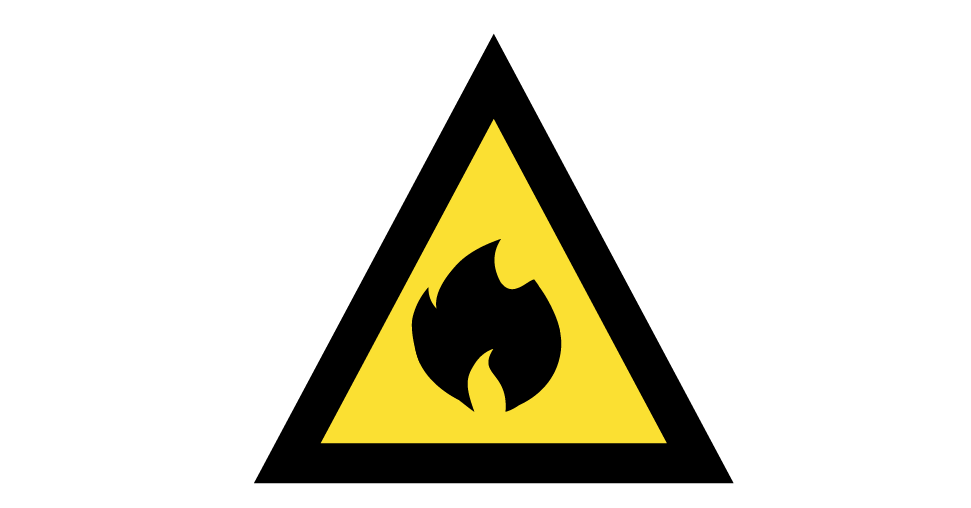 A yellow triangle with a black border and black fire icon in the center. 