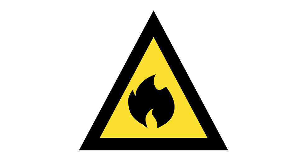 A yellow triangle with a black border and black fire icon in the center.
