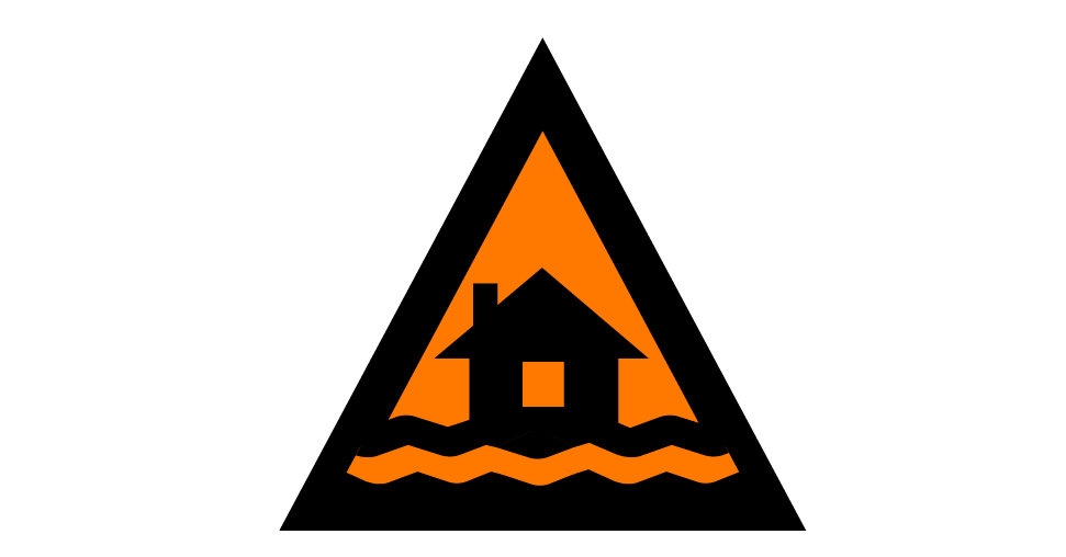 An orange triangle with a black border and black house with waves icon in the center. 