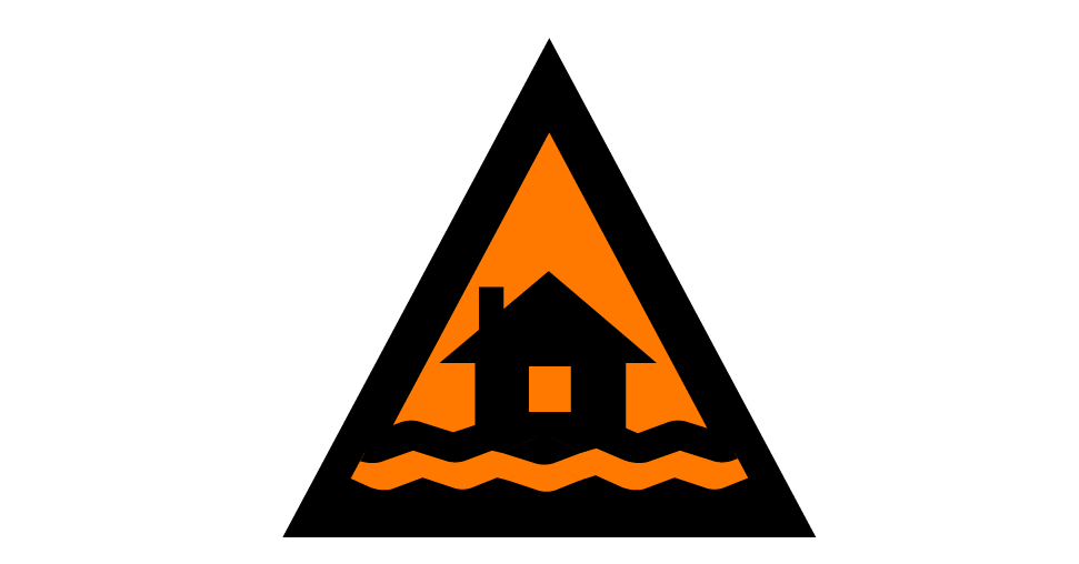 A yellow triangle with a black border and black house with waves in the center. 