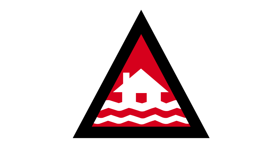 A red triangle with a black border and white house with waves icon in the center. 