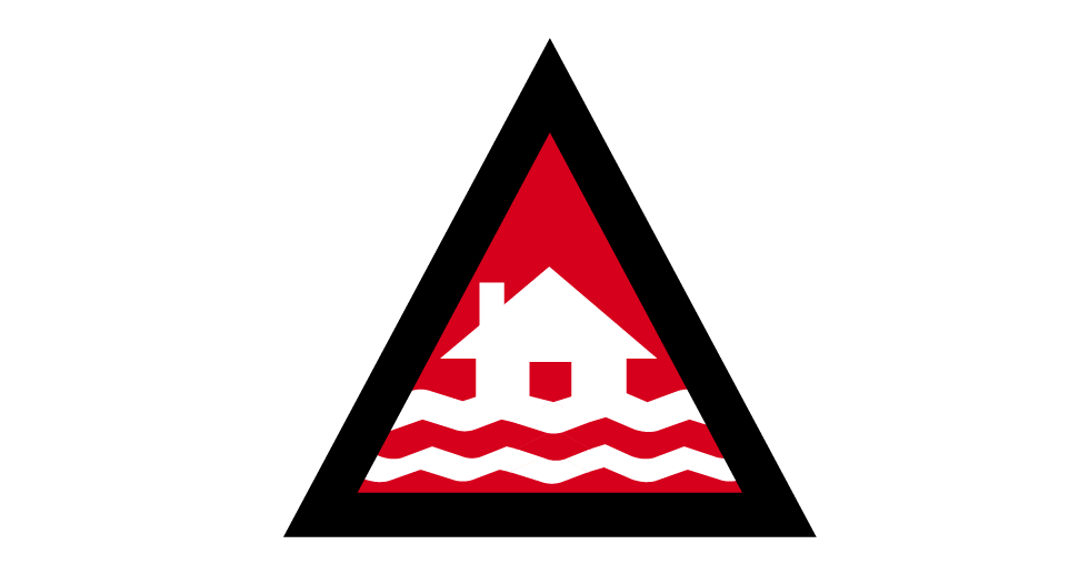 A red triangle with a black border and white house with waves icon in the center.