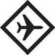 A white diamond with a black border and black plane icon in the center. 