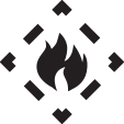A white diamond with a black dotted border and black fire icon in the center. 
