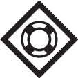 A white diamond with a black border and black life buoy icon in the center. 