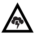 A white triangle with a black border and black storm cloud with lightening icon in the center. 