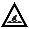 A white triangle with a black border and black shark fin icon in the center. 