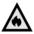 A grey triangle with a black border and black fire icon in the center. 