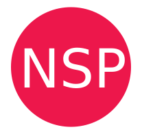 A red circle with a white border and white NSP in the center. 