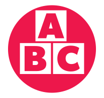 A red circle with a a stack of white blocks labelled A, B, C, in the center. 