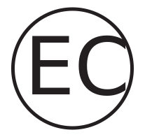 A white circle with a black border and black EC in the center. 