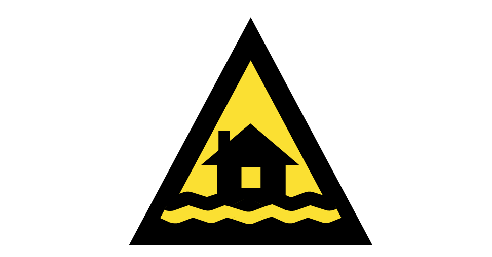 A yellow triangle with a black border and black house with waves in the center. 