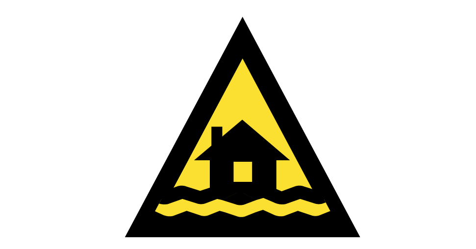 A yellow triangle with a black border and black house with waves icon in the center.